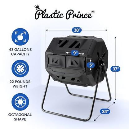 PLASTIC PRINCE Compost Tumbler Rotating Garden Compost Bin Outdoor Dual Chamber 43 Gallon Backyard Composter Tumbling Barrel Mixer Outside, Large, Black - color: Black