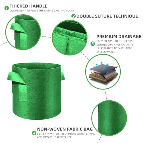 5-Pack 10 Gallon Grow Bags Heavy Duty Thickened Nonwoven Fabric Pots with Handles, Plant Grow Bags for Vegetables/Flower/Plant/Fruits, Green - color: Green, size: 10 Gallon