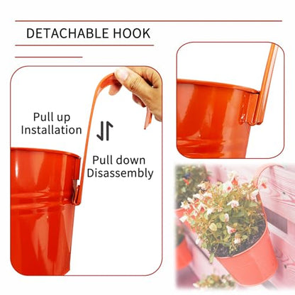 8 Pieces of 6.3 Inch Metal Iron Hanging Flower Pots, Balcony Planters Railing Hanging,Colorful Hanging Flower Pots, Garden Fence Balcony Home Decoration, with Drainage Holes and Detachable Hooks