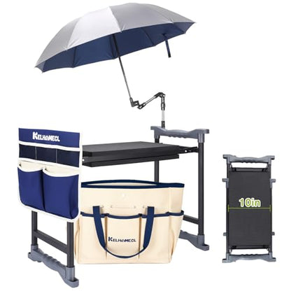 Garden Kneeler and Seat with Umbrella,Heavy Duty Gardening Bench and Stool - color: Beige & Blue
