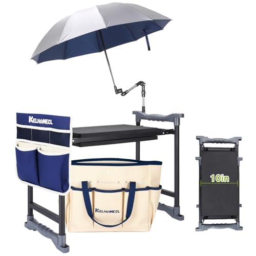Garden Kneeler and Seat with Umbrella,Heavy Duty Gardening Bench and Stool - color: Beige & Blue