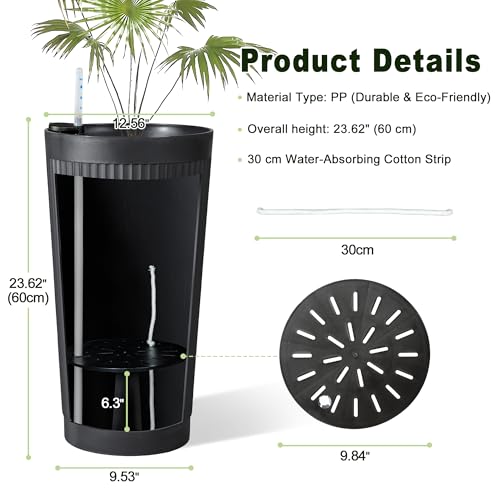 Self Watering Tall Planters Set of 2, Black Round - color: Round Stripe Black