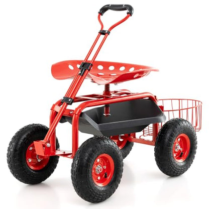 Garden Seat with Wheels, Rolling Stool with Extendable Handle, Storage Basket & Tool Tray, Garden Scooter with 360 Degree Swivel Seat for Outdoor & Yard (Red) - color: Red