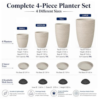 Usocik Large Outdoor Planters, Set of 4, 10/12/21/24 Inch, Beige Matte - color: Beige Ribbed Matte