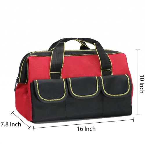 Tool Bags for Men Heavy Duty with Waterproof Hard Bottom Wide Mouth Large Tool Tote Bag Multi Pockets Organizer for Electrician Carpenter Mechanic Dad Gifts (1, Red, 16 Inch) - color: Red, size: 16 Inch