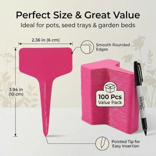 MIHEY 100 Pcs T-Type Plant Labels Tags Garden Markers with Gel Pen, Pink - color: Pink