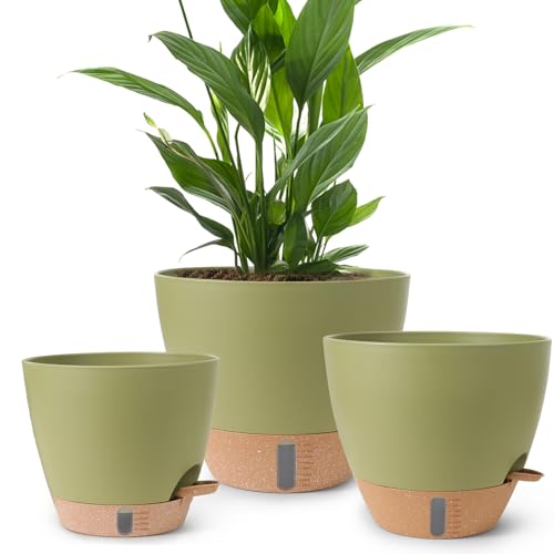 Self Watering Pots for Indoor Plants, 3 Pack 12/10/8 Inch, Large Planter with Water Reservoir, Modern Decorative Flower Pots for Home & OfficeGreen - color: Green-small