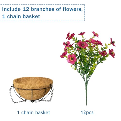 Artificial Hanging Flowers, UV Resistant, 12 Bundles, Rose Red - color: Rose Red