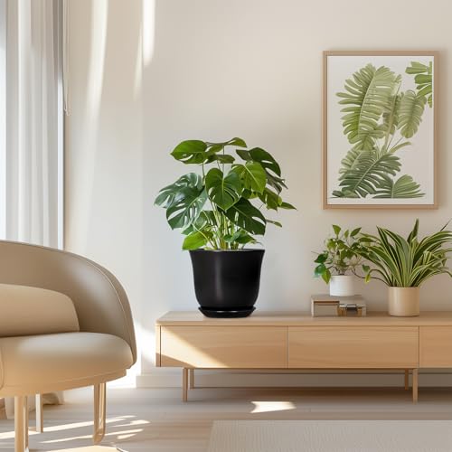 8 Inch Plant Pot, Ceramic Pots for Plants with Drainage, Black - color: Black, size: 8 Inch
