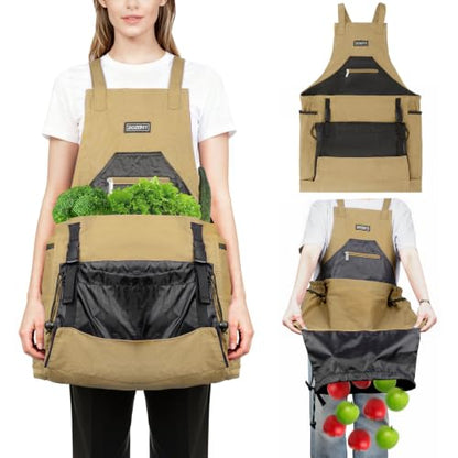 Garden Apron,Harvest Aprons with Drawstring Bag and Pockets for Women and Men,Canvas Fruit Picking Apron - color: Brown
