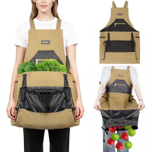 Garden Apron,Harvest Aprons with Drawstring Bag and Pockets for Women and Men,Canvas Fruit Picking Apron - color: Brown