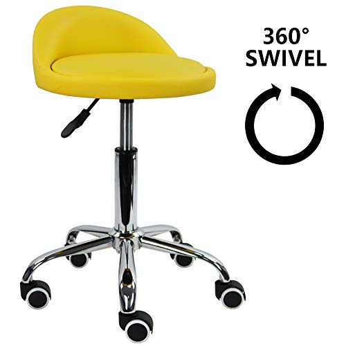 KKTONER PU Leather Round Rolling Stool with Back Rest Height Adjustable Swivel Drafting Work SPA Task Chair with Wheels (Yellow) - color: Yellow