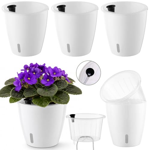 Upgraded Self Watering Pots for Indoor Plants, 4-Pack 5 Inch Top-Fill Self Watering Planter with Water Window, Orchid Pots, Clear Wick Inner Basket with Drainage, White - color: White, size: 5 Inch/4 Packs