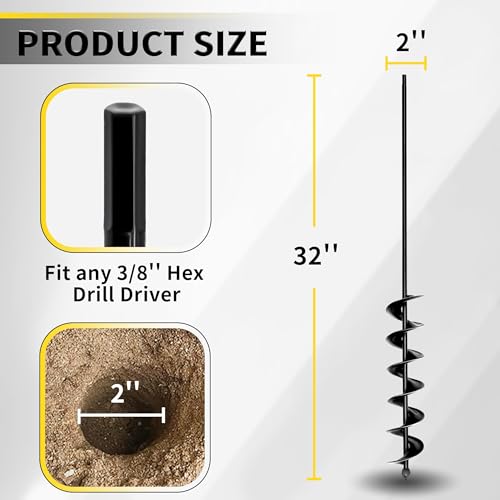 2”x32“ Auger Drill Bit for Planting, Heavy-Duty Planting Auger for Bulbs, Post Hole Digger for 3/8”Hex Drive Drill - size: 2"x32"-black