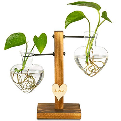 Kingbuy Heart Shaped Glass Hydroponic Vase with Retro Wooden Stand - Desktop Plant Terrarium for Bulb Planter, Water Plant Propagation Glass Vase Pot Planter Flower Desktop Decoration Home Garden - size: Heart （2 Bulb Vase）