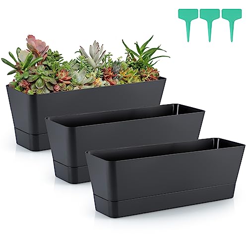 Skelang 3 Pcs Rectangular Plant Pot, 12" Flower Planter Box, Windowsill Container for Succulent, Herb, Vegetable (Black) - color: Black, size: 12 inches