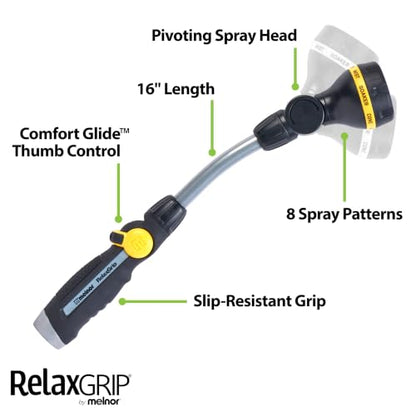 Melnor 65173AMZ RelaxGrip 8 Pattern 16" Pivoting Wand Bundle, Metal, Black, Yellow