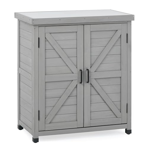 Outdoor Potting Bench with Storage Cabinet and Metal Top, Wood Workstation for Outdoor Patio, Garden (Classic Grey, 31x17x36‘’) - color: Classic Grey, size: 31x17x36"