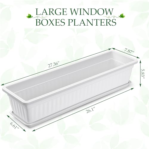 FillTouch 6 Pack Window Flower Box Planter White Rectangle Planter, 27 Inch - size: 27 Inch