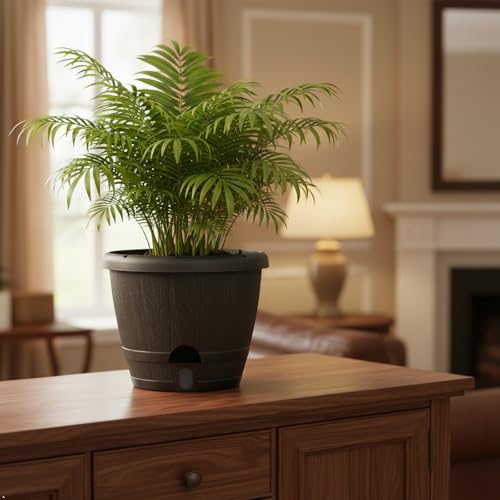 Sun-E 10 Inch Whiskey Barrel Self Watering Planters, Wood Look, 3-Pack - color: Deep Wooden Grain