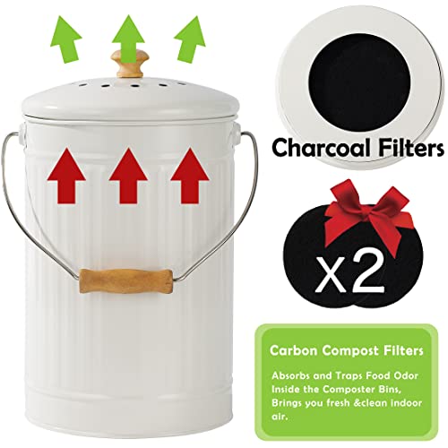 1.7 Gallon Kitchen Compost Bin, Indoor Countertop Compost Bin with Lid, 100% Rust Proof Compost Bucket with Non-Smell Charcoal Filters (White)