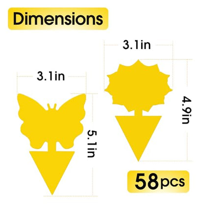 58 Pack Yellow Sticky Gnat Traps for Plants - Fungus Gnat Killer, Fruit Fly Traps for Indoors, Gnat Sticky Traps for Plants, Family Friendly Design, Sunflower + Butterfly Shapes
