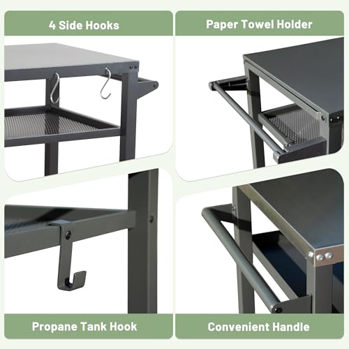 Domi 3-Shelf Outdoor Grill Table, Grill Cart Outdoor with Wheels, Pizza Oven and Food Prep Table, Blackstone with Propane Tank Hook, BBQ Stand for Blackstone Griddle for Outside BBQ - style: Galvanized Steel Tabletop+Mesh Shelf
