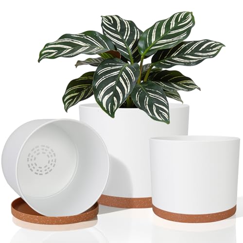 GARDIFE 3 Pack Cylinder Planter Set 10/9/8 Inch White Indoor Plant Pots - color: White-brown