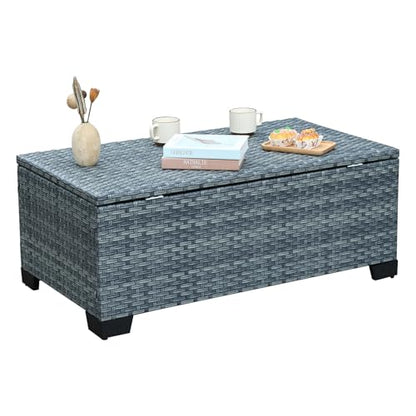 Outdoor Storage Table Wicker Patio Coffee Table All-Weather Rattan Side Table with Waterproof Cover, Grey - color: Grey