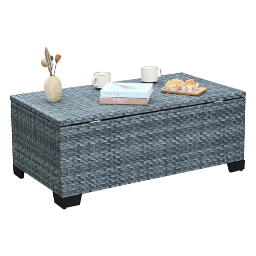 Outdoor Storage Table Wicker Patio Coffee Table All-Weather Rattan Side Table with Waterproof Cover, Grey - color: Grey