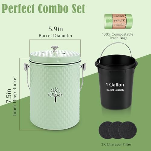 AOSION Countertop Compost Bin, Odor-Free Food Waste Container with 50 Bags - color: Green
