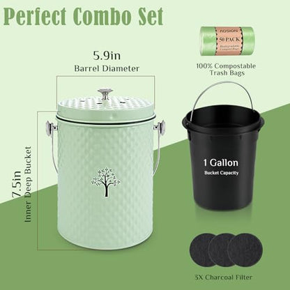 AOSION Countertop Compost Bin, Odor-Free Food Waste Container with 50 Bags - color: Green