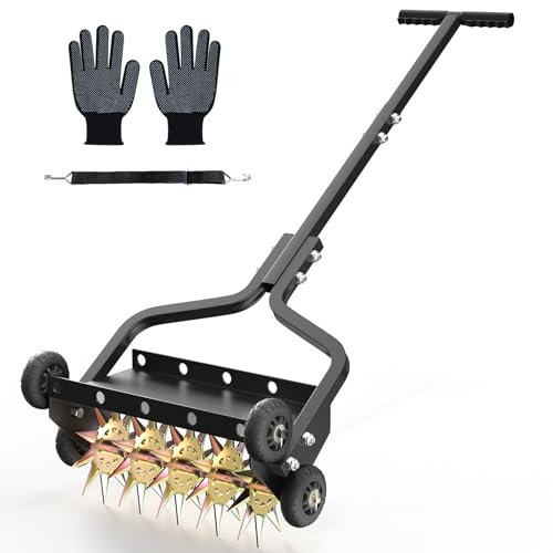 Seeutek 18 Inch Lawn Aerator, Upgraded Heavy Duty Manual Aerators Lawn Tool w/ 3D Steel Tines, 4 Wheels & Non-Slip Handle, Push Spike Aerator Suitable for Lawn, Garden and Yard - size: 18" Upgraded