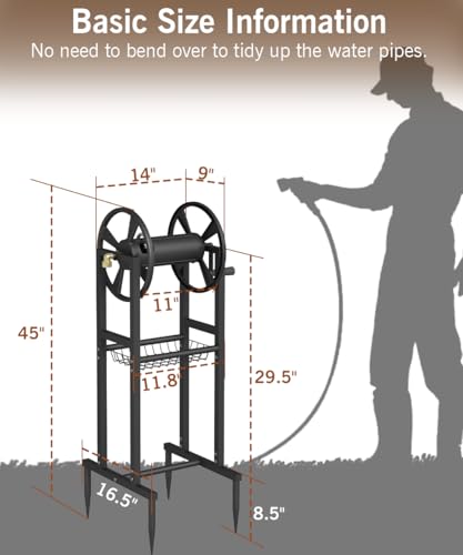 Garbuildman Ground Mount Garden Hose Reel Holds 125 Feet of 5/8-Inch with 3.9 ft Leader Hose, Brass Fitting, Water Hose Holder Stand with Storage Rack & 4 Spikes Base for Outdoor Lawn, Black - color: Black