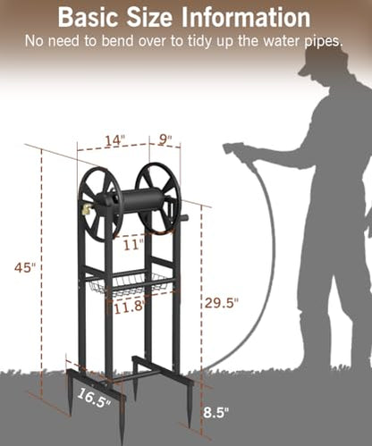 Garbuildman Ground Mount Garden Hose Reel Holds 125 Feet of 5/8-Inch with 3.9 ft Leader Hose, Brass Fitting, Water Hose Holder Stand with Storage Rack & 4 Spikes Base for Outdoor Lawn, Black - color: Black