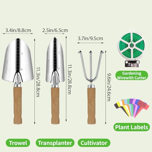 Garden Tool Set, 3 Pieces Gardening Kit with Garden Plant Twist Tie and Plastic Plant Tag, Stainless Steel Heavy Duty Garden Tools with Wooden Handle, Gardening Gifts for Women - style: 3PC(Trowel&Transplanter&Cultivator)