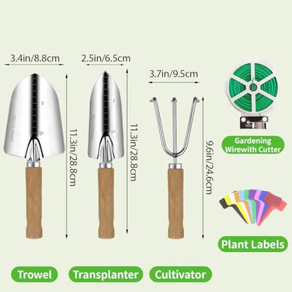 Garden Tool Set, 3 Pieces Gardening Kit with Garden Plant Twist Tie and Plastic Plant Tag, Stainless Steel Heavy Duty Garden Tools with Wooden Handle, Gardening Gifts for Women - style: 3PC(Trowel&Transplanter&Cultivator)