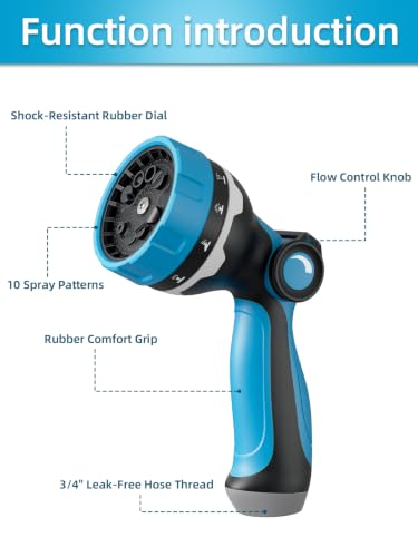Garden Hose Nozzle with 10 Spray Patterns, Water Hose Sprayer for Outdoor - color: Sky Blue