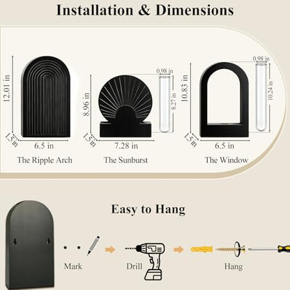 TBWIND Black Wooden Wall Vases Set of 3, Wall Planters with Glass Tube Kit - color: Black