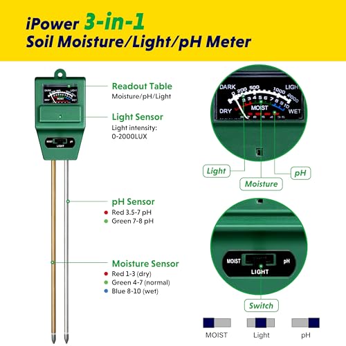 iPower 3-in-1 Plant Moisture/Light/PH Meter, Soil Test Kit for Gardening, Farming, Indoor & Outdoor Use, 2 Pack - size: Square, style: 2-Pack