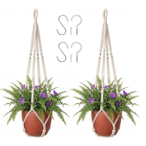 Macrame Plant Hanger 35", Set of 2 No Tassel Hanging Plant Holder, Sturdy Flower Pot Holder with 4 Hooks - Ivory - color: Ivory, size: 35"-2pcs
