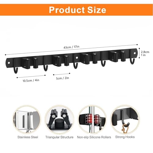 2 Pack Mop and Broom Holder Wall Mount for Kitchen Garden Garage Laundry - color: Black, size: 2 Pack 4 Racks with 5 Hooks