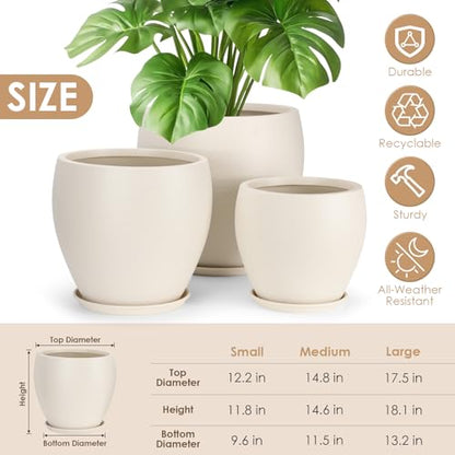 YNNICO 17.5/14.8/12.2 inch Large Flower Pots Plastic Planter with Drainage - color: Light Beige