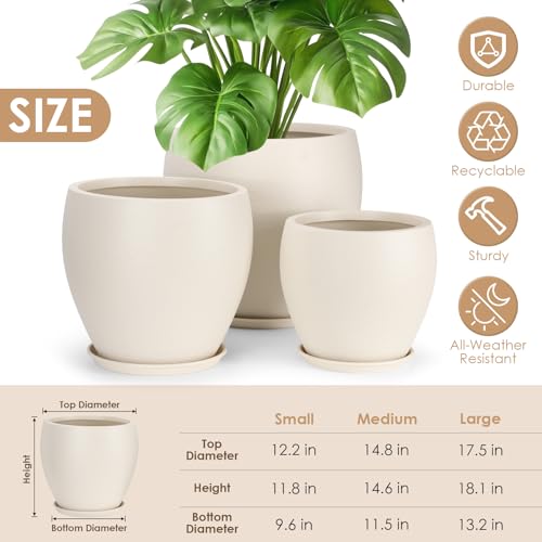 YNNICO 17.5/14.8/12.2 inch Large Flower Pots Plastic Planter with Drainage - color: Light Beige