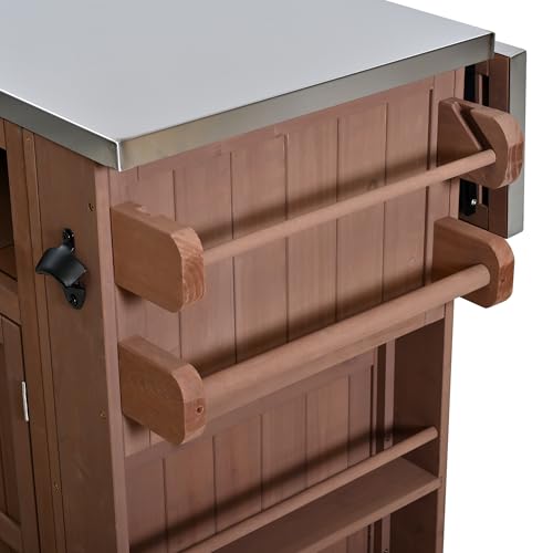 GDFStudio Winford Patio Kitchen Island Cart with Extendable Top, Wooden Outdoor Storage Cabinet with Stainless Steel BBQ Prep Table Top, Drawers, Spice Rack and Lockable Wheels, Potting Bench, Brown - color: Brown