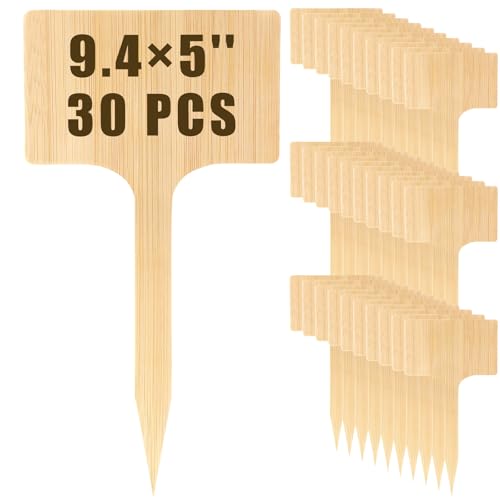 Hicarer 30 Pcs 9.4" x 5" Extra Large Bamboo Garden Markers, Natural Wood T-Type Large Plant Labels for Herbs, Flowers & Vegetables – Easy to Read Full-Size Tags for Garden Outdoor - color: Solid Wood Style, size: 9.4" X 5"