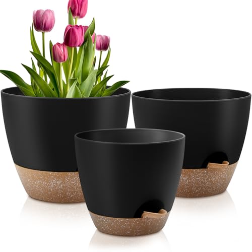 QRRICA 12/10/9 Inch Self Watering Pots for Indoor/Outdoor Plants - color: Black, size: 12/10/9 inch
