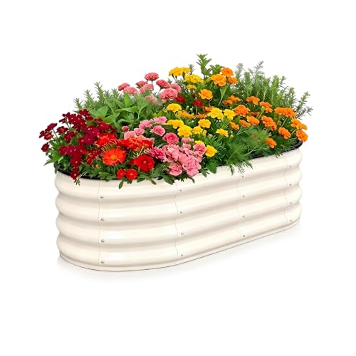 Galvanized Raised Garden Beds Outdoor, 4 x 2 x 1 ft White Metal Garden Bed, Oval Open-Bottom Raised Planter Box for Vegetables, Flowers, Herbs, Backyard Patio - color: White, size: 4 x 2 x 1 ft
