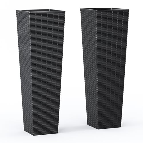 Tall Planter for Outdoor Plants Set of 2 | 32" Front Porch Planters Tall Resin Planters with Rattan Texture，Inner Pots Drainage Holes for Trees,Porch,Garden,Yard,Black