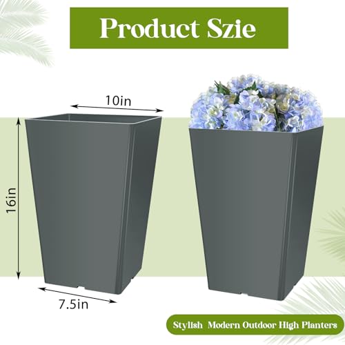 Briwooody Set of 2 15.75 Inch Large Taper Planters Outdoor Indoor Tall Resin Flower Pots with Drainage Holes Modern for Front Door Patio Backyard Plants(Gray) - color: Gray